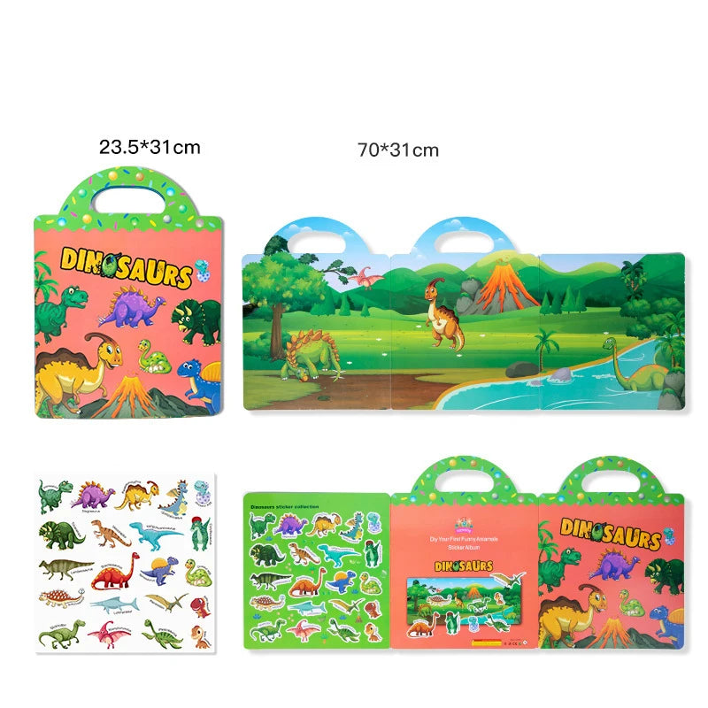 A set of dinosaur cartoon stickers in a reusable book format featuring various dinosaurs and nature scenes.