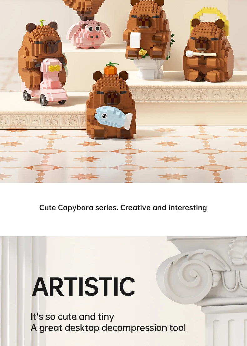 A set of cute capybara building blocks in various colors and sizes displayed on a wooden surface.