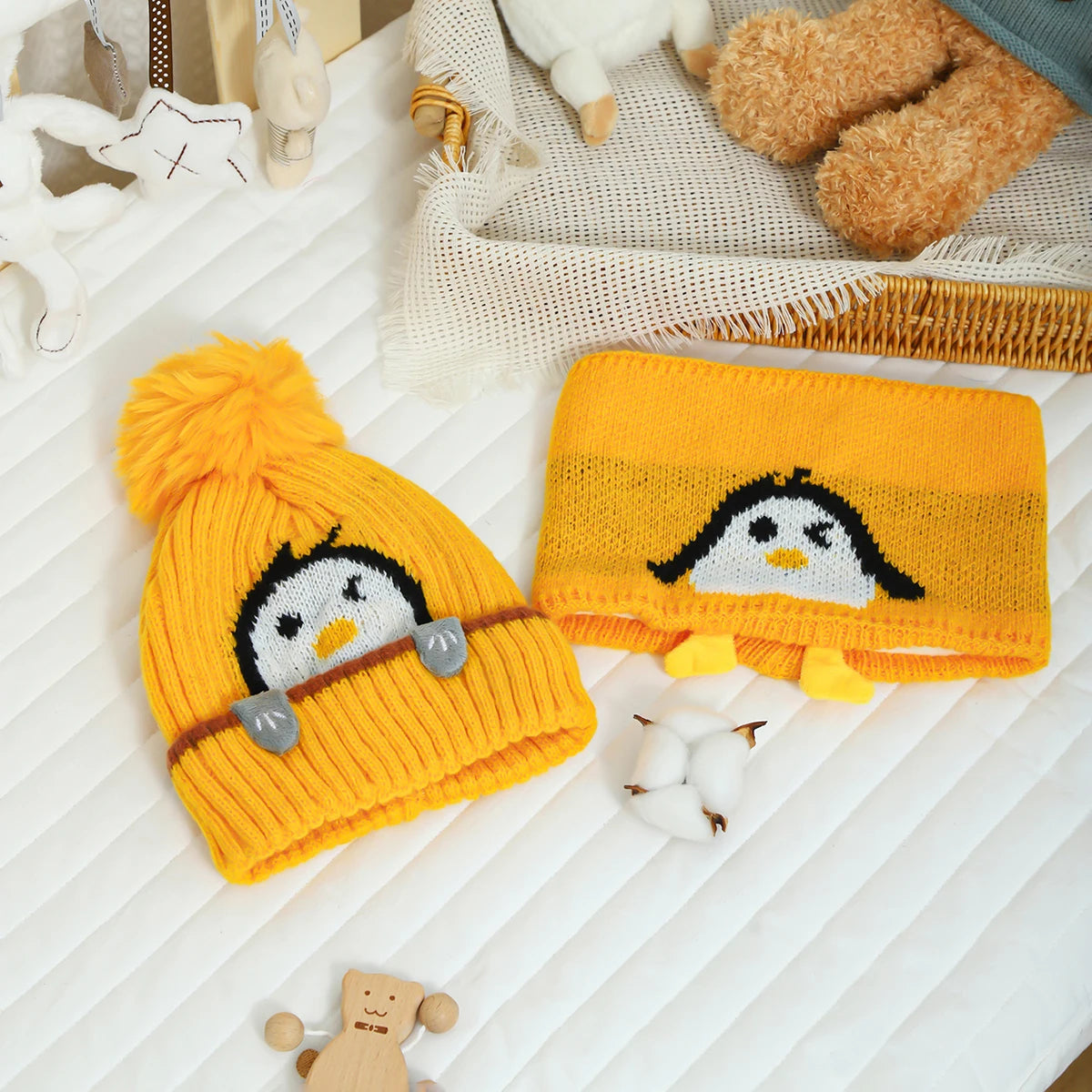 A yellow knit penguin hat and scarf set with black accents resting on a white surface.