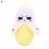 A yellow banana-shaped plush toy with a white hood and facial expression.