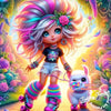 A cute cartoon girl with pink hair and a white fluffy dog standing together in a vibrant floral setting.