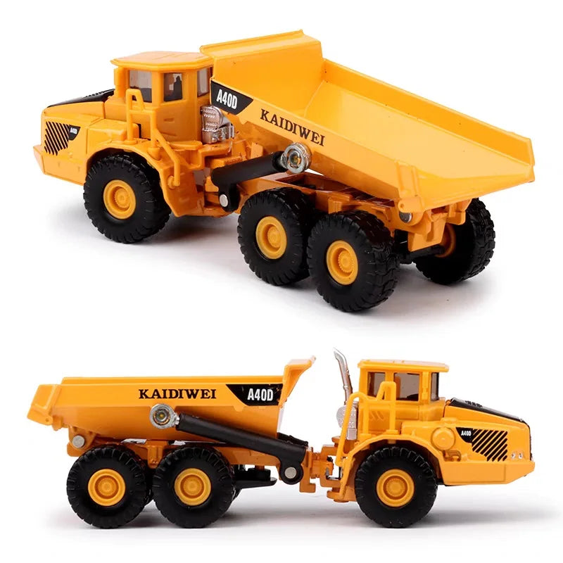 A yellow 1:87 scale diecast model of a Kaiidwei A40D dump truck.