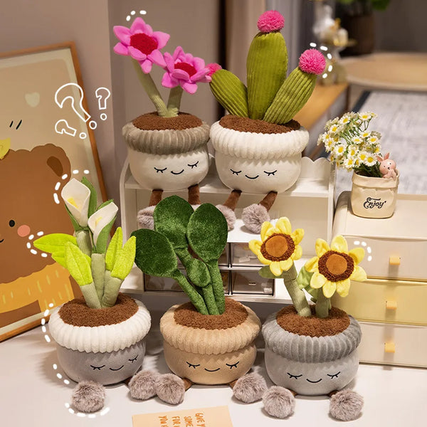 A collection of artificial flower plush decorations in various shades of pink, yellow, and green are displayed on a white sur