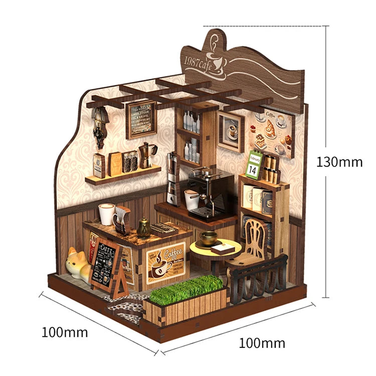 A wooden miniature dollhouse kit featuring a cafe scene with shelves, furniture, and decorative elements.