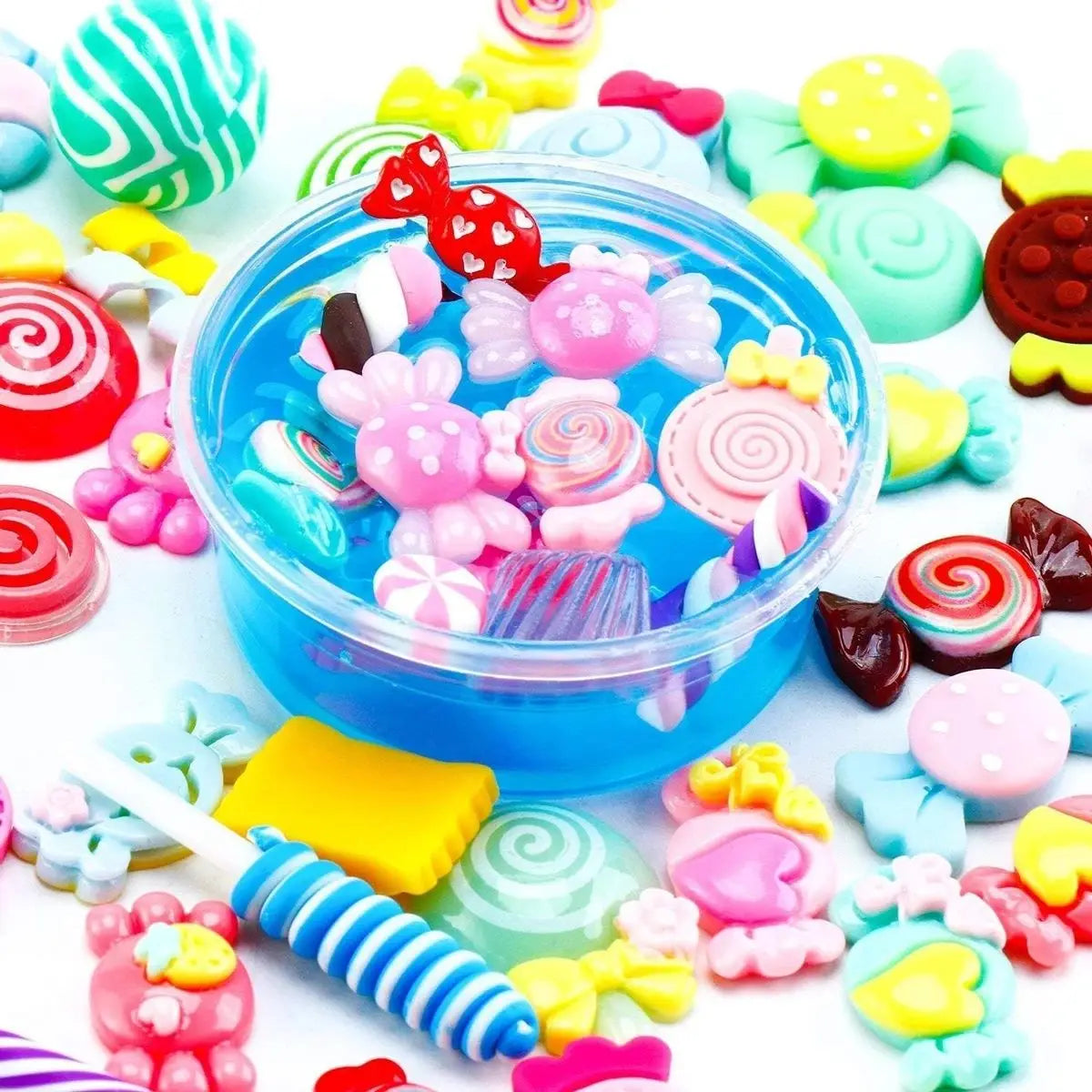 A colorful set of 30 random resin sweets and charms for DIY crafting, including pink, yellow, and blue items.