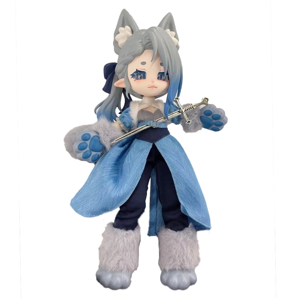 A 1/12 scale Lunar-themed posable doll blind box featuring a gray cat-like character with blue hair and a blue cape.