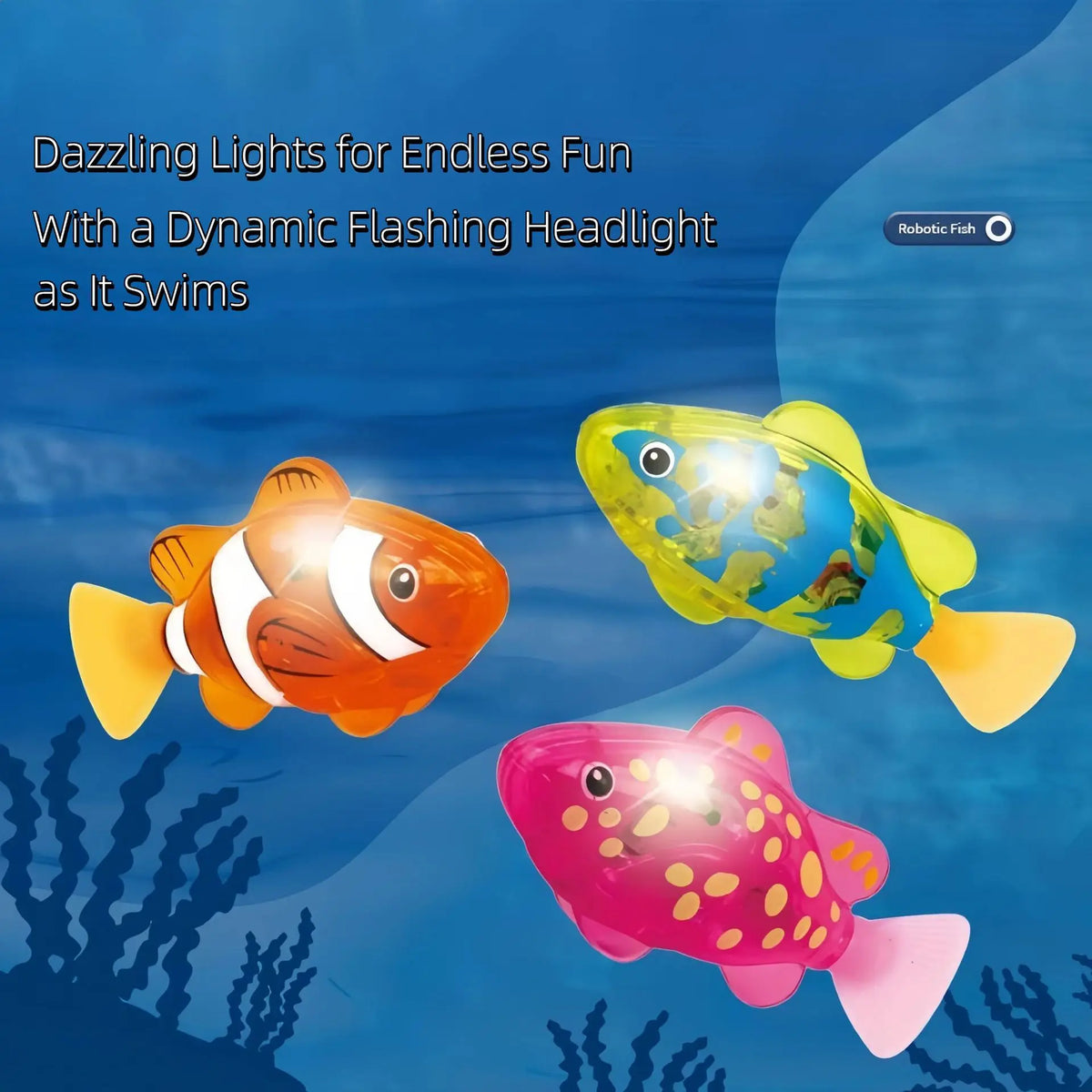 A colorful plastic light-up fish swimming in blue water, designed for endless fun.