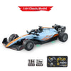 A blue and orange 1:64 scale RC drift car model with lights and an APP control system.