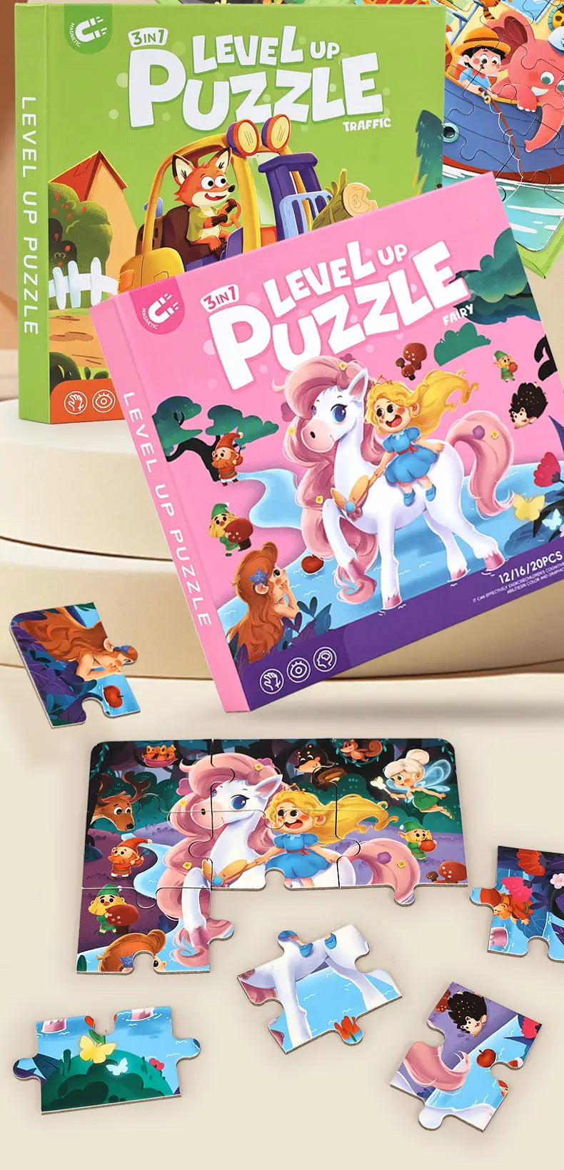 A set of Level Up Puzzle cards featuring characters from the movie, including a green box and several puzzle pieces.