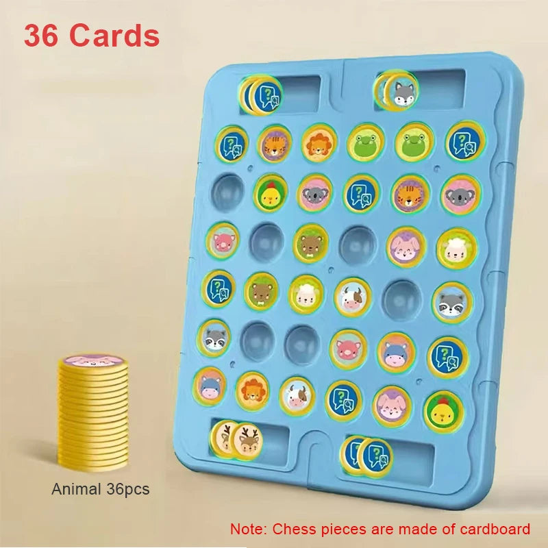 A blue plastic card holder with 36 animal cards and a stack of yellow chess pieces.