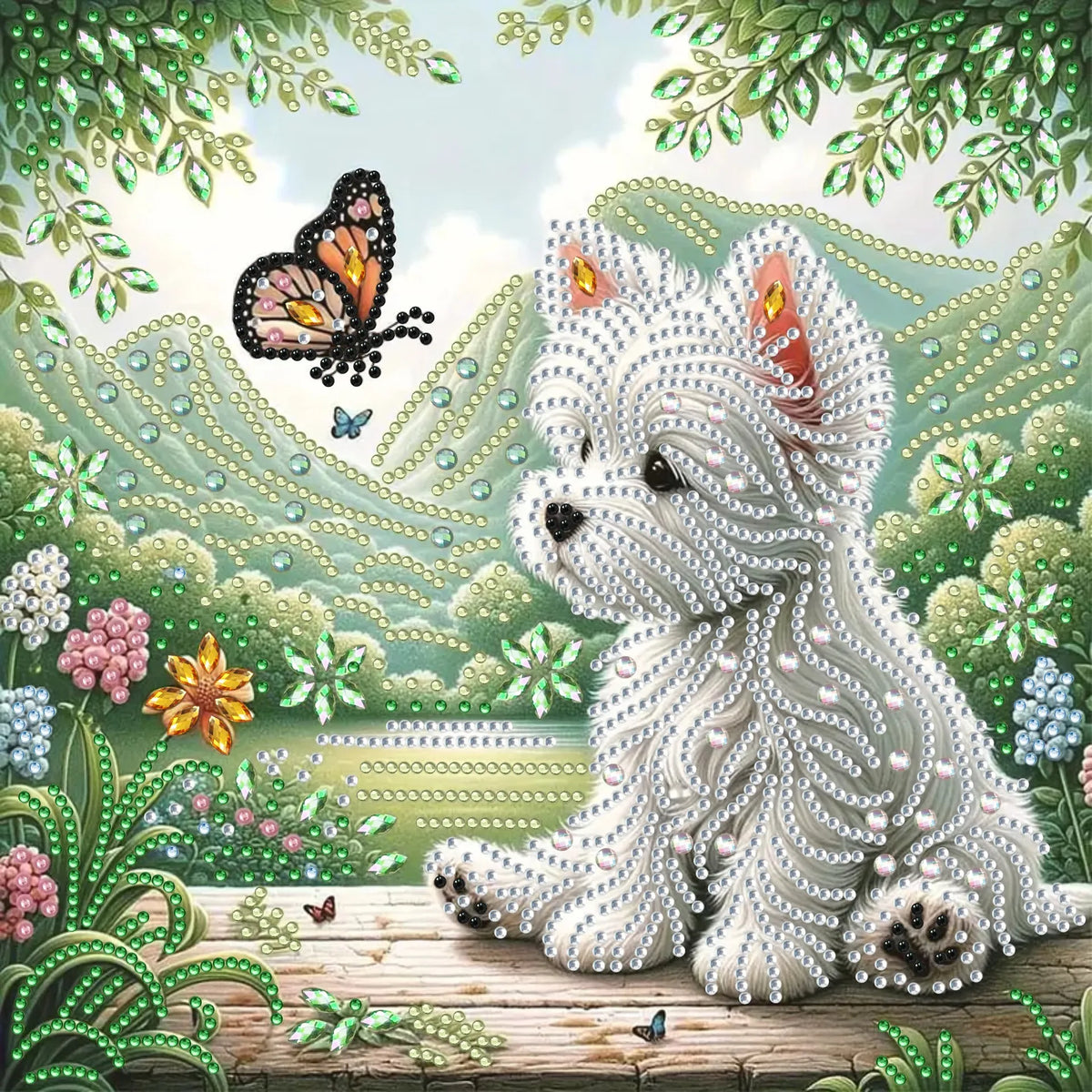 A fluffy white dog is adorned with sparkling beads and sits in a lush, green garden setting.
