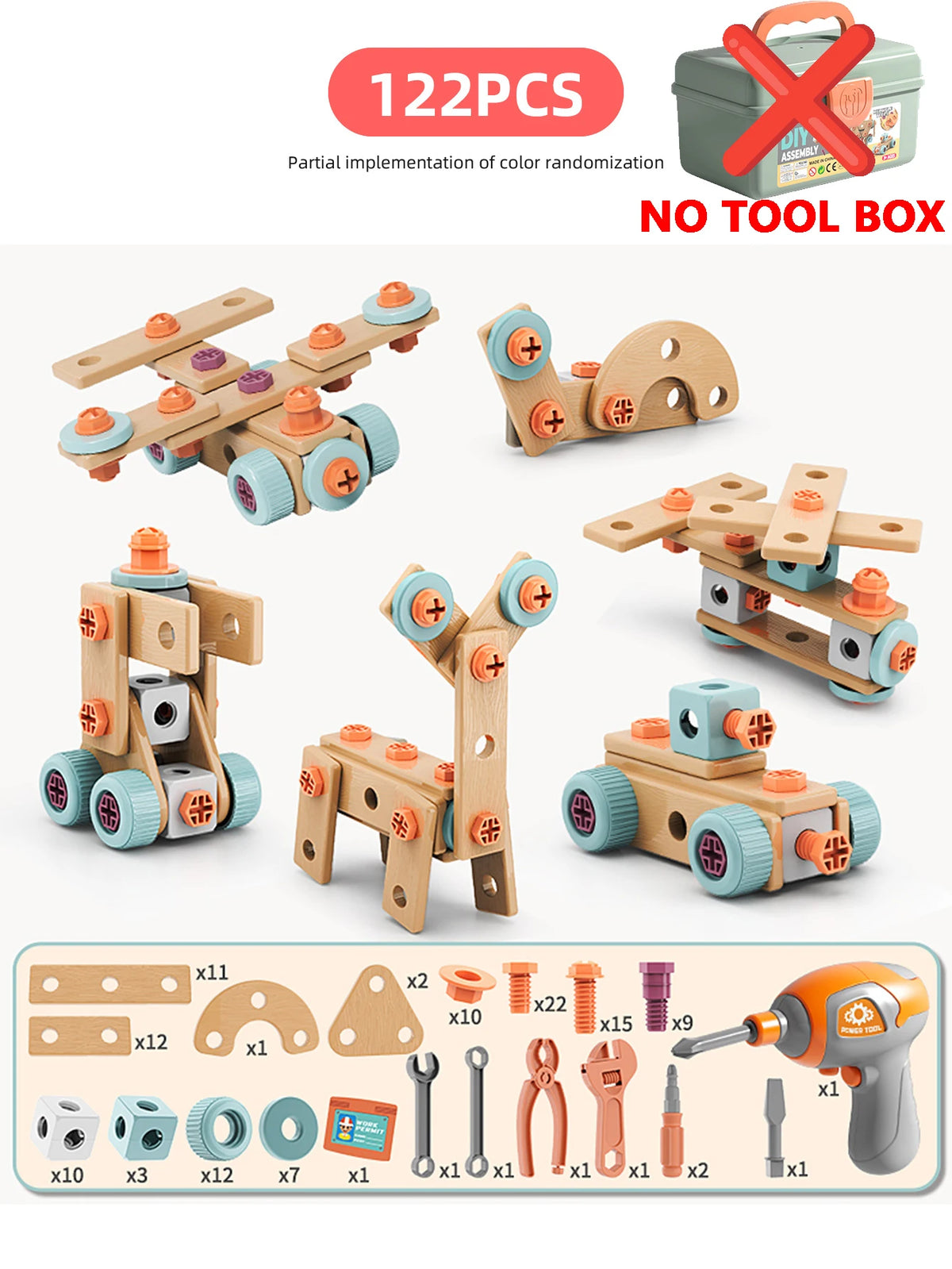 A set of 122 plastic parts for a DIY tool box project including wooden pieces and various tools