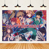 A vibrant illustration featuring characters from an anime or manga celebrating a happy birthday with colorful light effects.