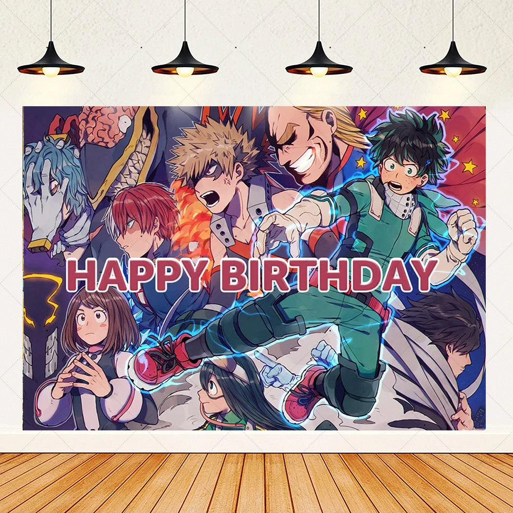 A vibrant illustration featuring characters from an anime or manga celebrating a happy birthday with colorful light effects.
