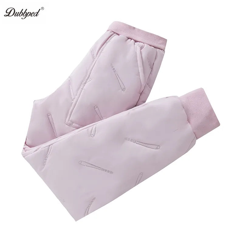 Light purple kids waterproof winter pants with fleece lining