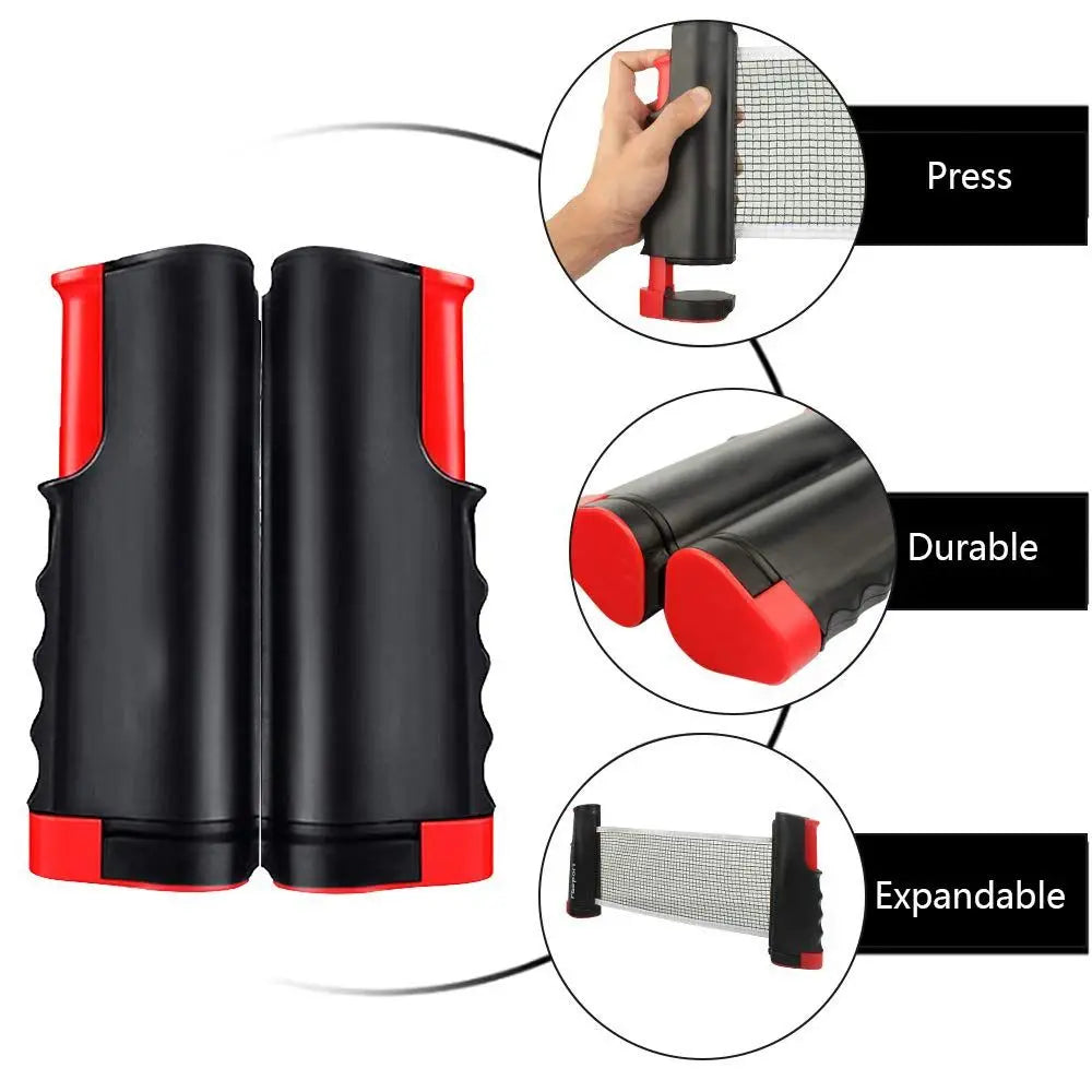 A set of black retractable table tennis net, paddles, and balls shown with instructions for pressing and expanding the net.
