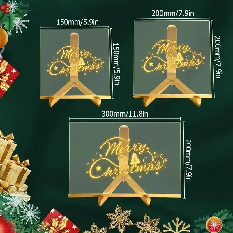 A set of glowing LED message boards in various sizes with Christmas designs and wooden stands.