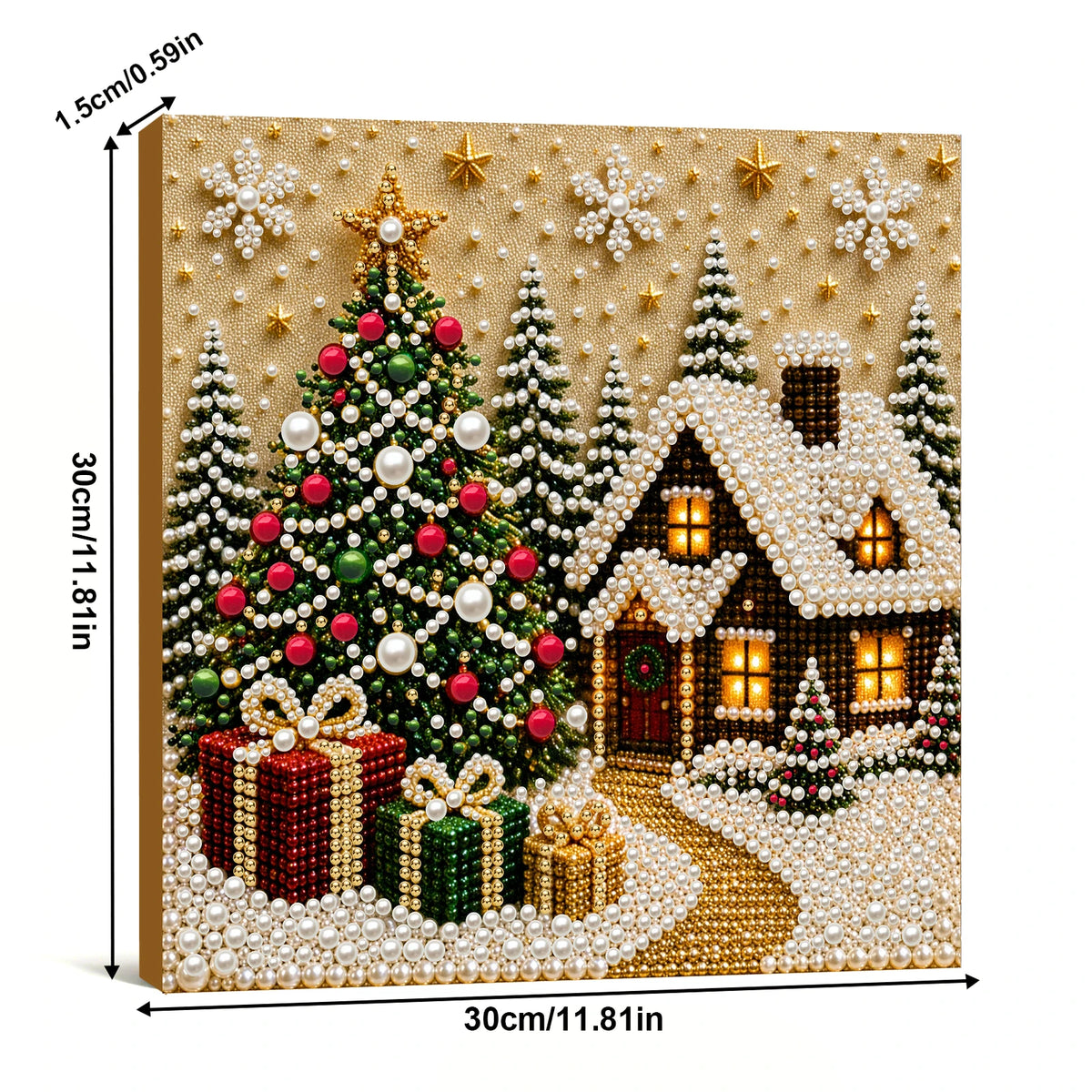 A diamond painting kit featuring a Christmas scene with a decorated tree, gifts, and a house framed by pearls.