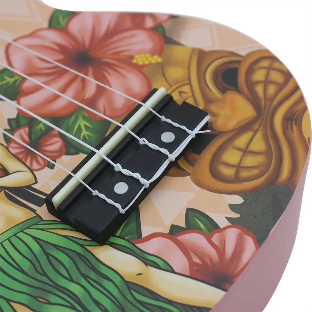A ukulele neck and fretboard are visible against a background featuring a Hawaiian floral design.