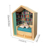 A wooden miniature bookshelf decor set with an angled roof displaying a collection of books.