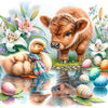 A painting of a Highland calf and ducklings surrounded by flowers and eggs.