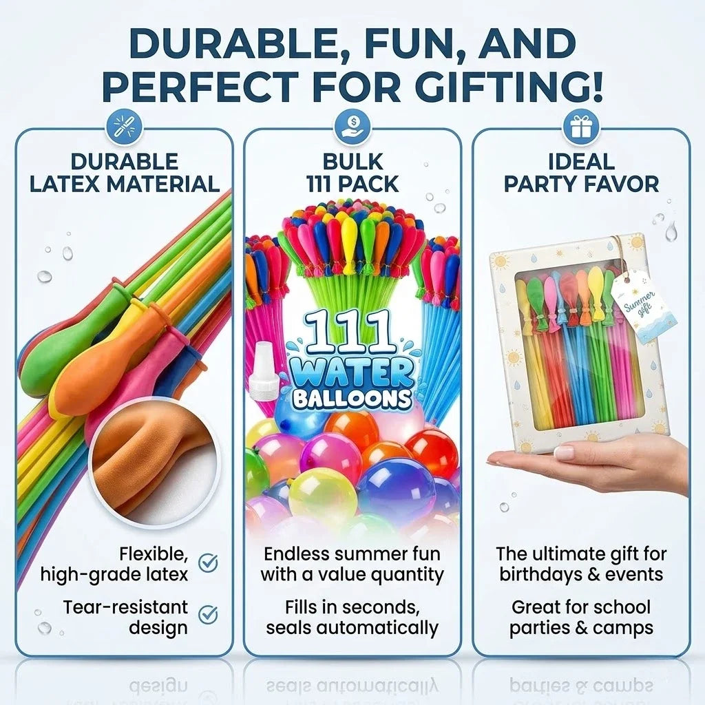 A box of 111 self-sealing water balloons in various colors and shapes for outdoor fun