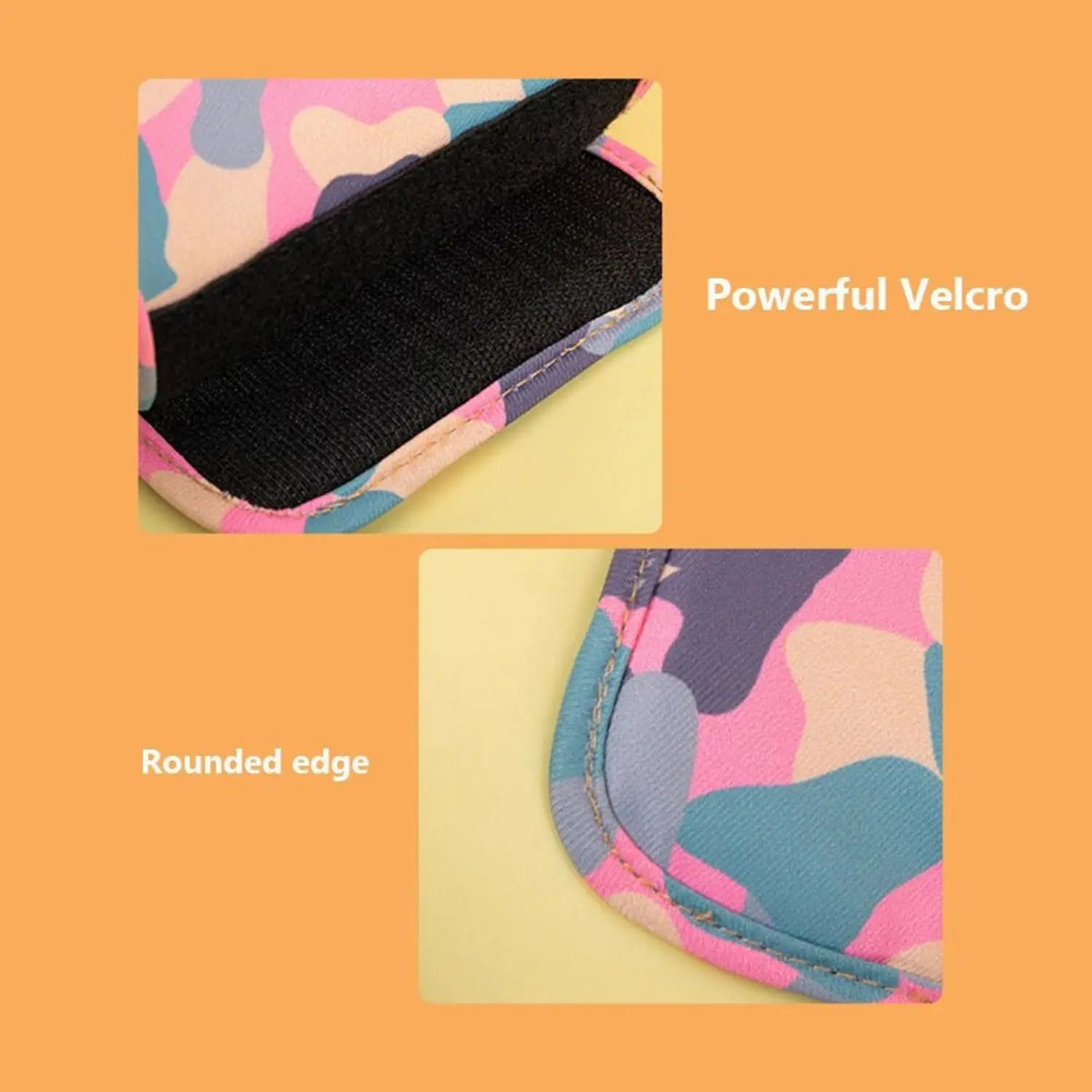 Close-up of a black velcro strap and a rounded edge detail on a pink and blue camouflage fabric product.
