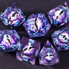 A set of seven purple liquid core resin polyhedral dice used for tabletop role-playing games