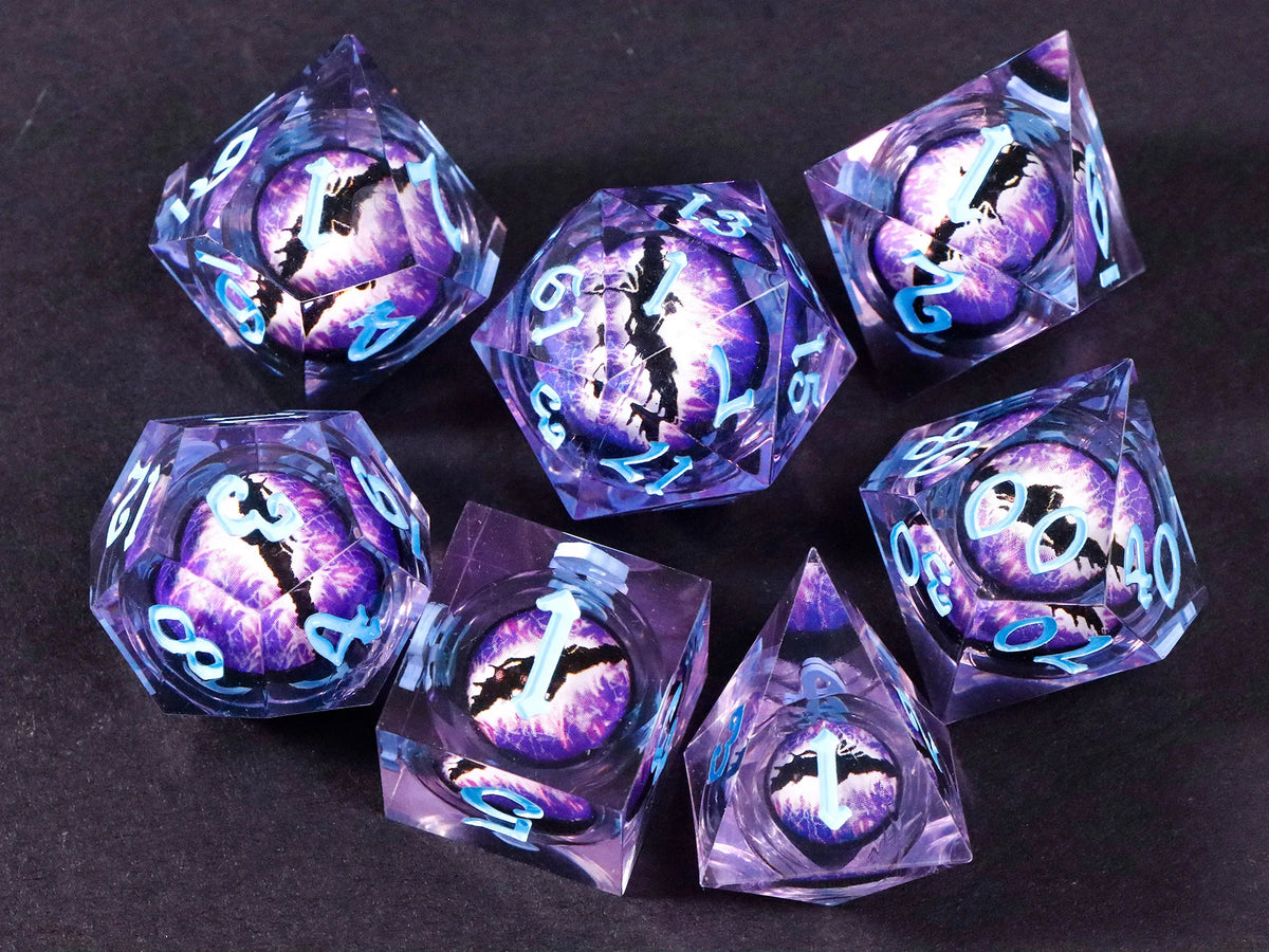 A set of seven purple liquid core resin polyhedral dice used for tabletop role-playing games