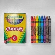 A box of Crayola crayons with eight colored pencils displayed next to it.