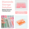 Diamond painting storage trays with lids and an organizer rack showing various colored diamonds