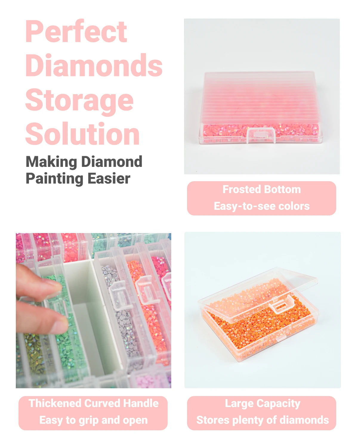 Diamond painting storage trays with lids and an organizer rack showing various colored diamonds