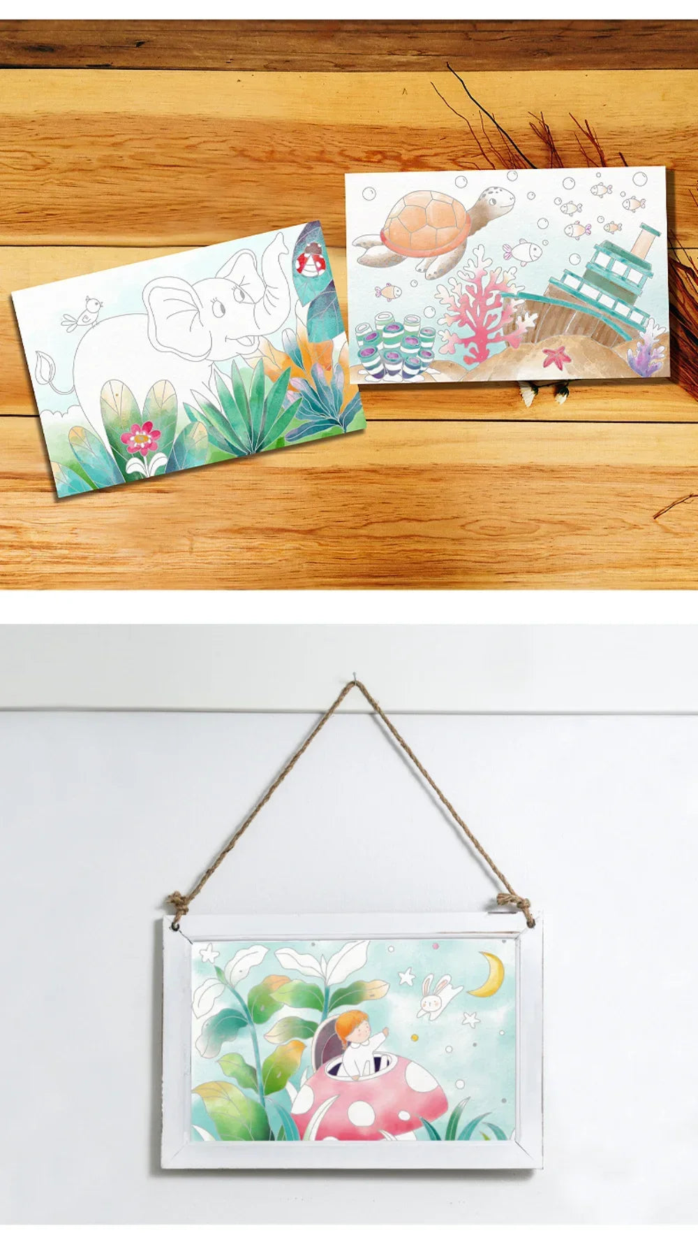A framed watercolor painting featuring a pink spotted animal and green foliage on a white background.