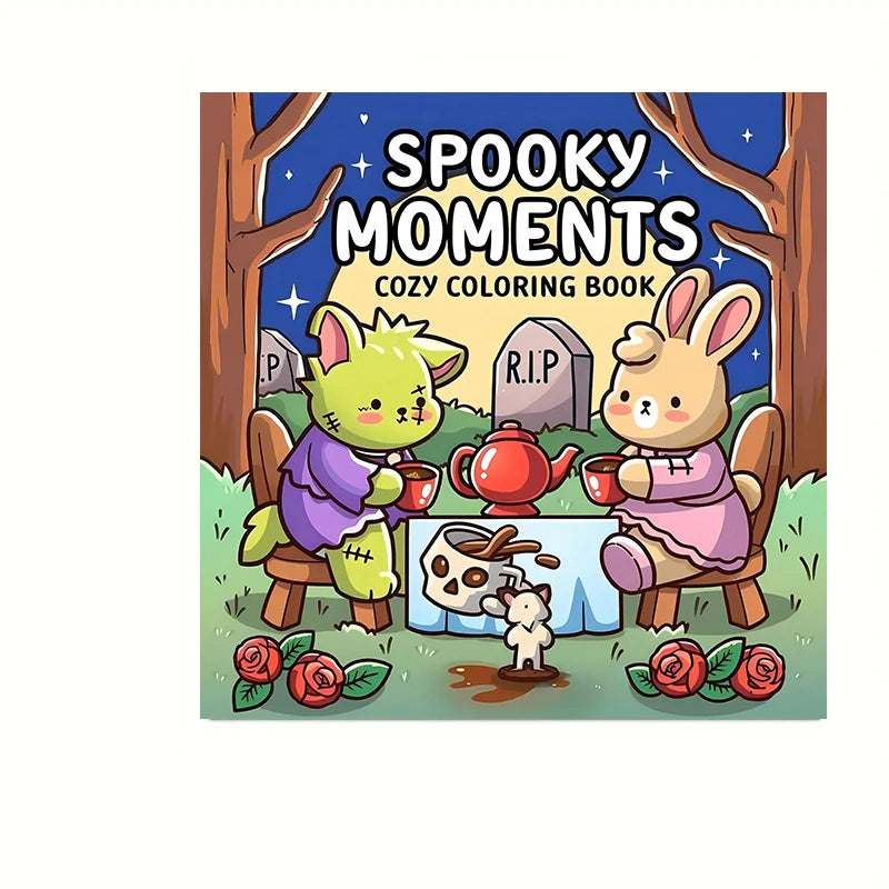 A cute illustration featuring two anthropomorphic animals sitting near gravestones and a skull, suitable for a spooky moments