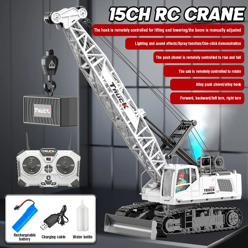A white 15 inch RC crane truck with an adjustable boom and hook is shown alongside its remote control transmitter and battery