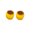 A yellow squishy pudding stress ball with a darker top, shown from above.