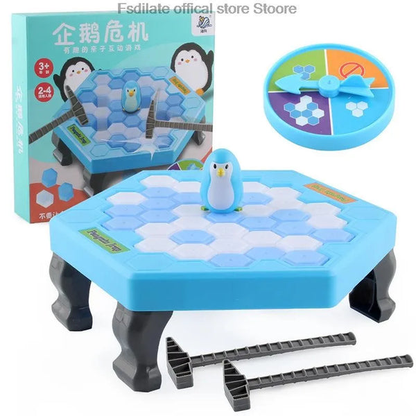 A blue penguin breaking ice table game set with wooden pieces and a circular game board.