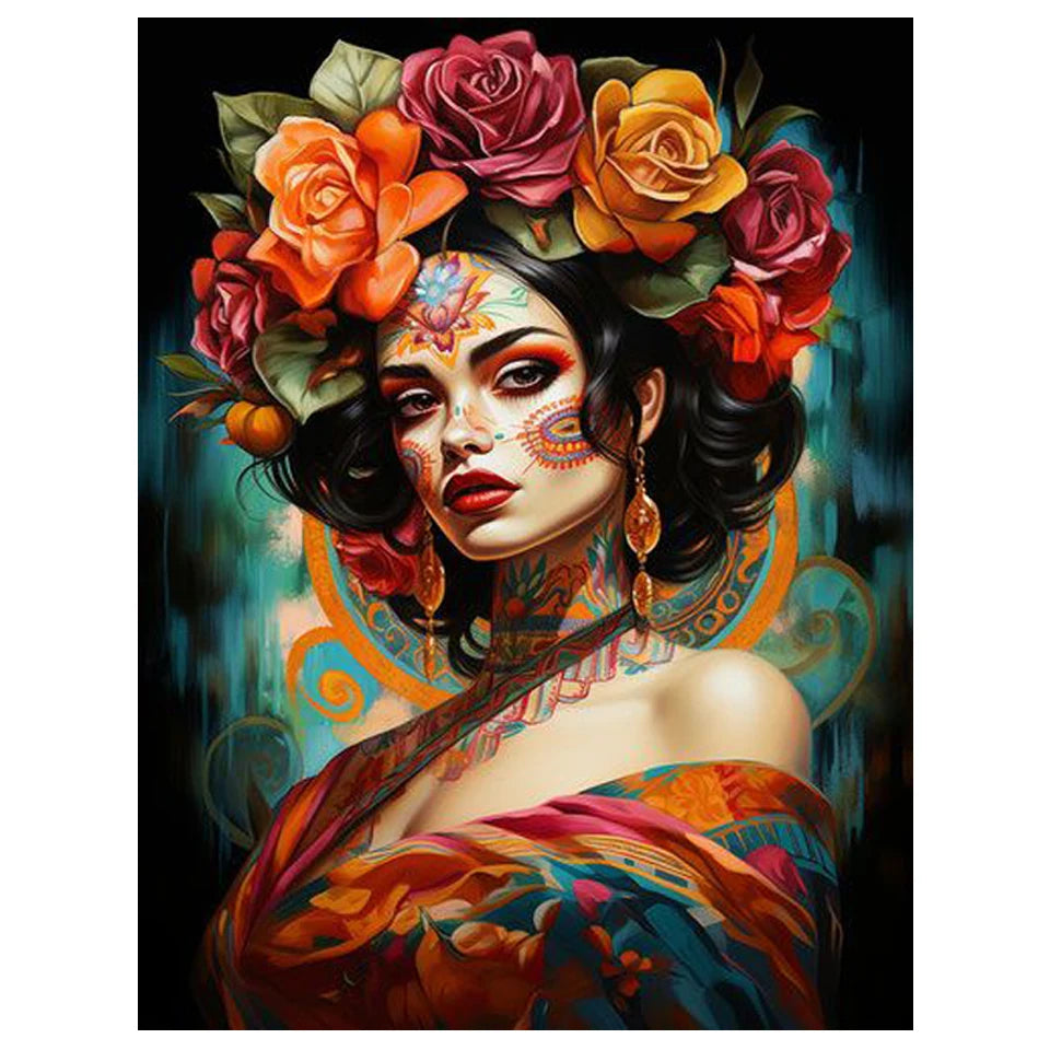 A portrait of a woman with dark hair adorned with roses and flowers, featuring vibrant makeup and colorful clothing.