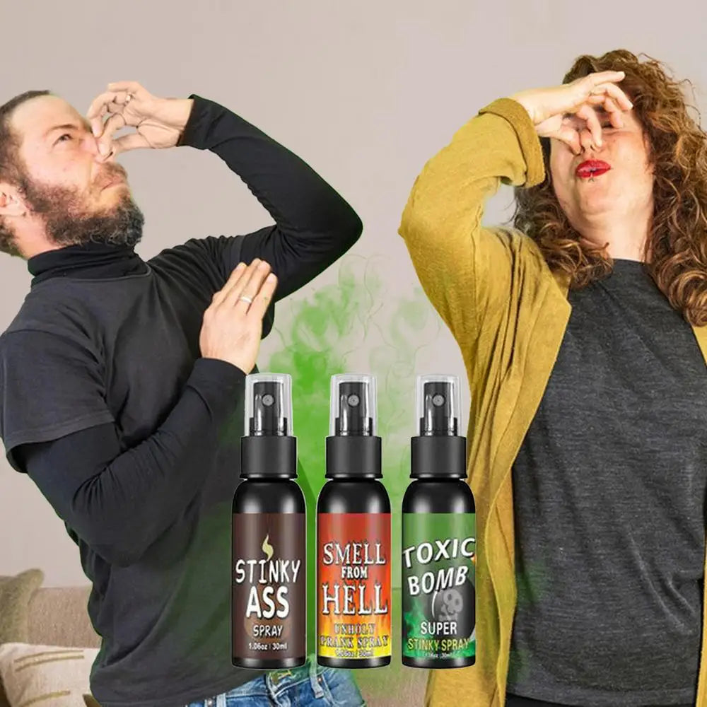 A person is shown applying Stinky Ass Spray, Smell From Hell Spray, and Toxic Bomb Spray to their face.