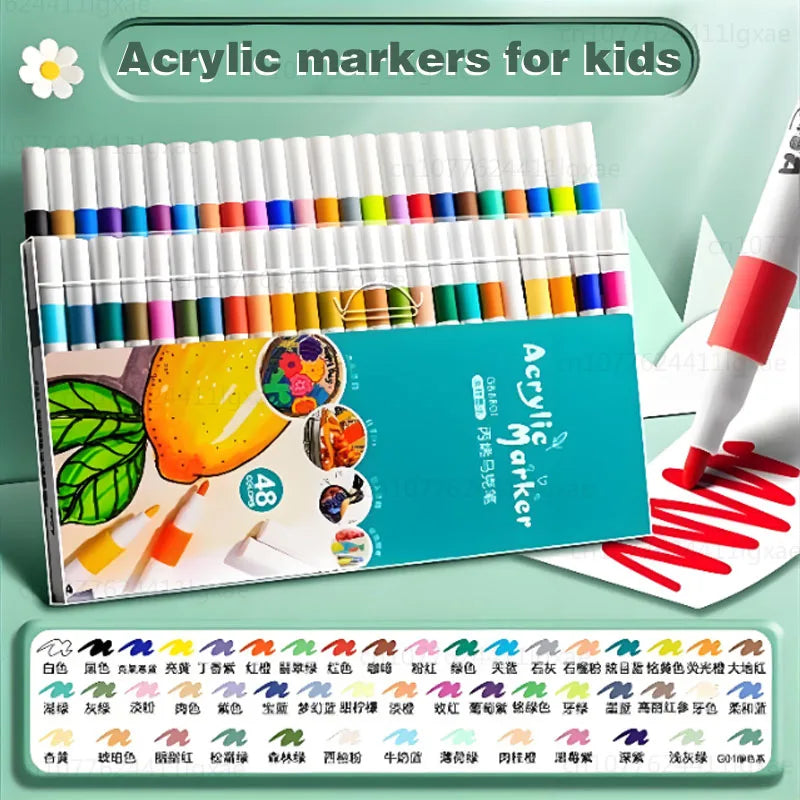 A set of acrylic markers for kids featuring various colors and tips, displayed on a white background.