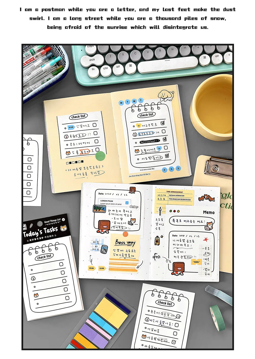 A collection of cute stationery memo pads, checklists, and writing tools arranged on a gray surface.