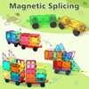 Colorful magnetic building blocks shaped like vehicles and houses are shown in various configurations.