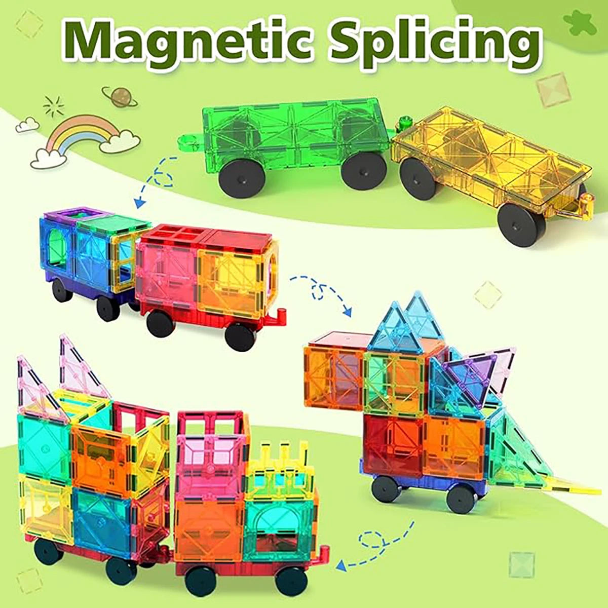 Colorful magnetic building blocks shaped like vehicles and houses are shown in various configurations.