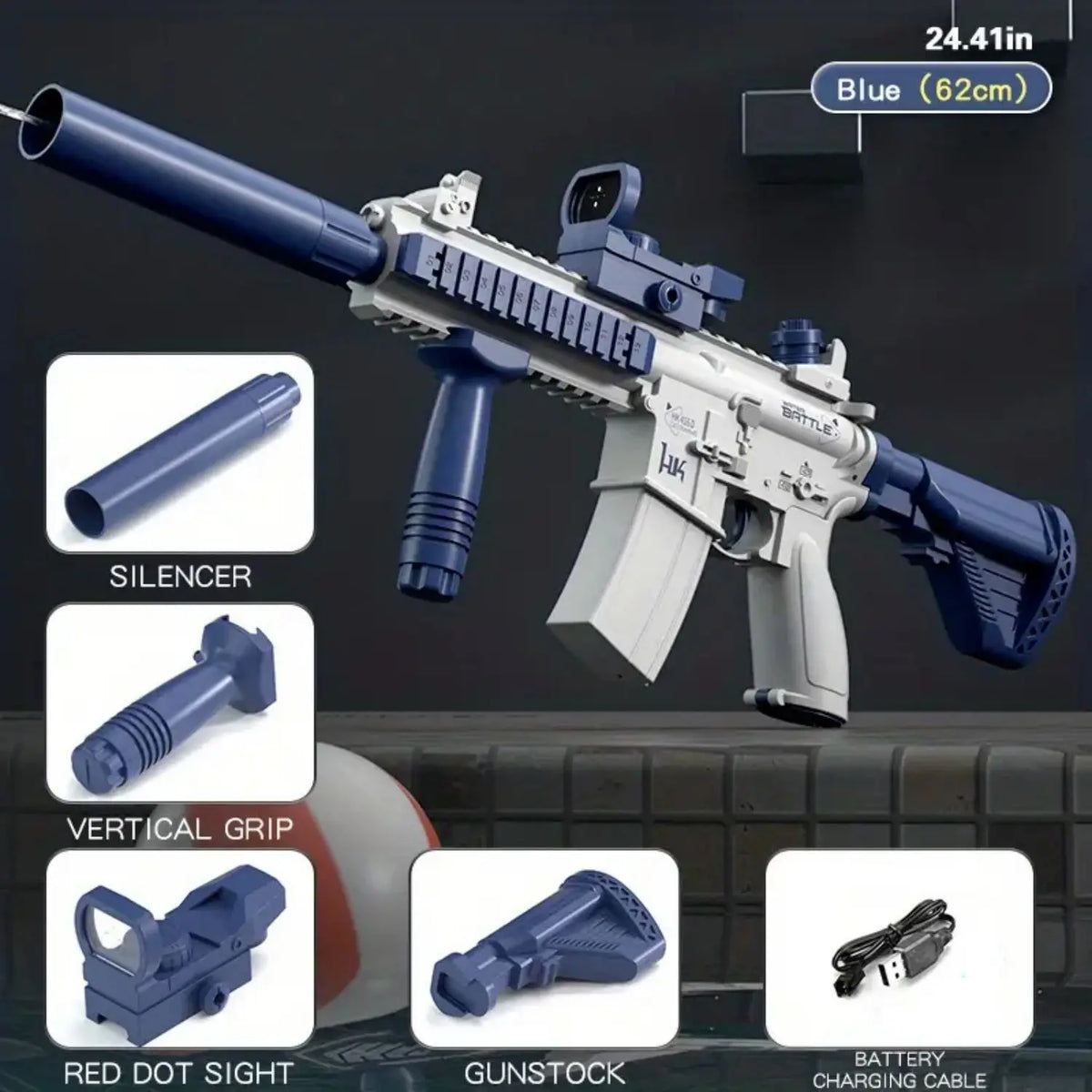 A blue battery-powered water gun with a long barrel, vertical grip, red dot sight, and detachable bottle.