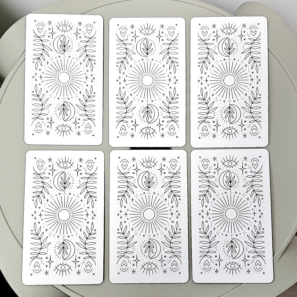 A set of six hand-illustrated oracle cards featuring intricate line art designs for inner wisdom and reflection.