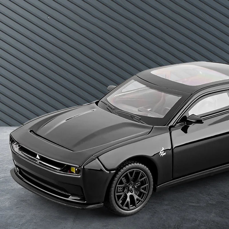 A black Dodge Challenger SRT Hellcat diecast model car is shown from a front angle against a dark gray corrugated wall.