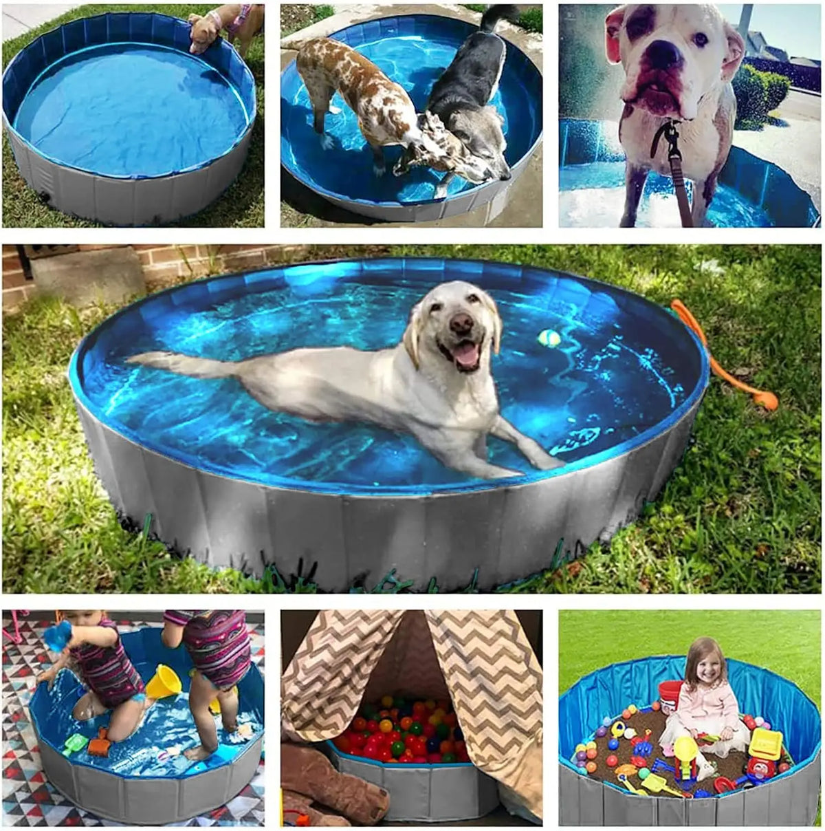 A foldable pet bath tub is shown in various uses, including for dogs and children.