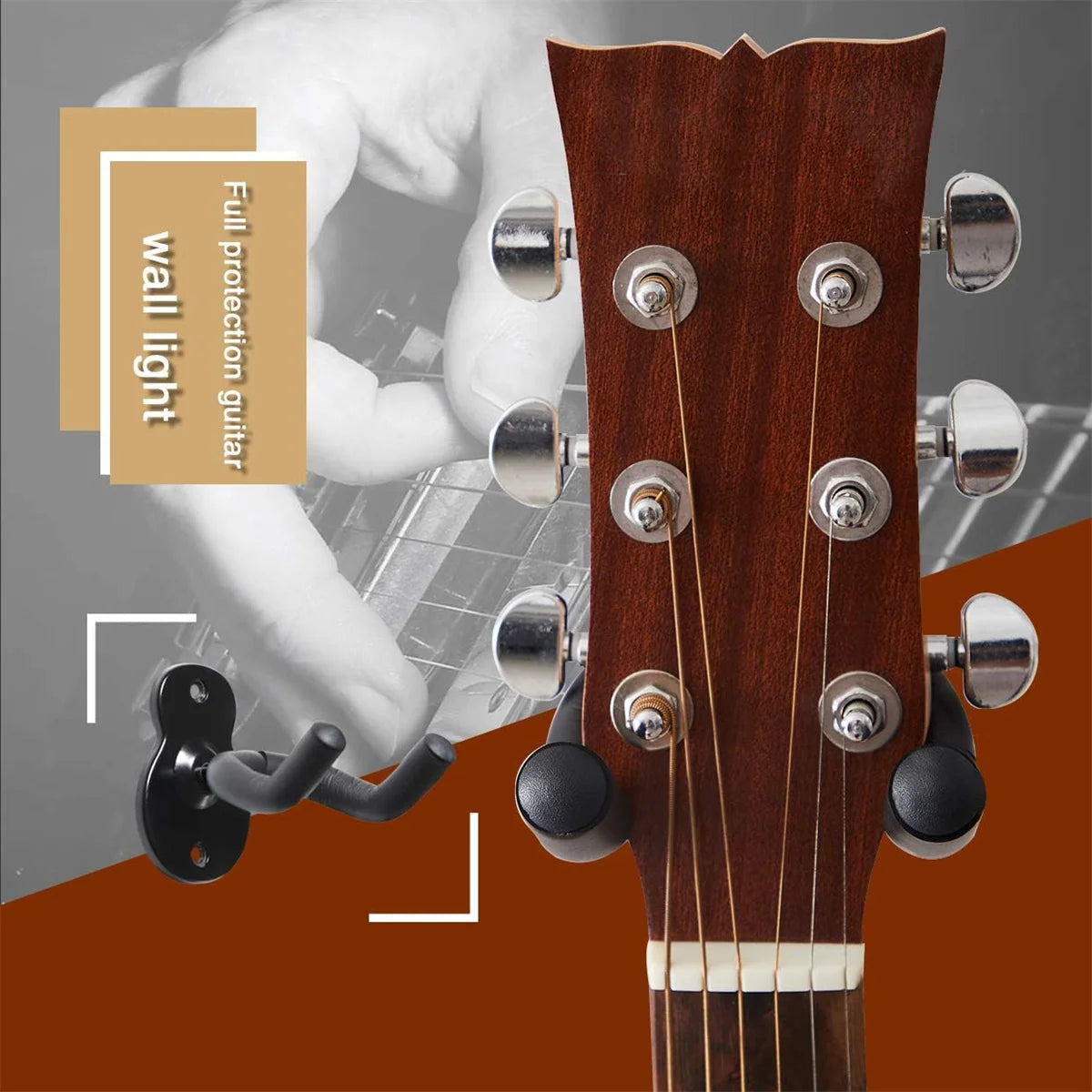 A close-up of a wooden guitar neck with tuning pegs and strings, shown next to a hand holding a light-colored box labeled for