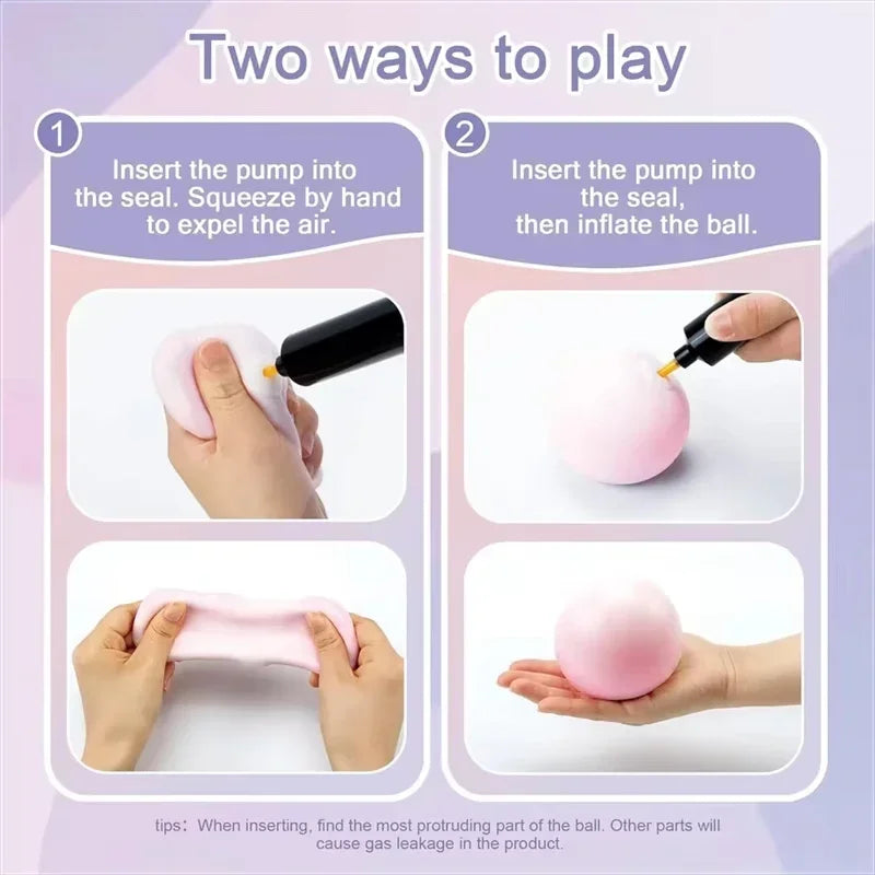 Two ways to play instructions showing how to insert a pump into a seal to expel air or inflate a ball.