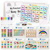 Interactive preschool busy book with 8 activity pages including colors, alphabet, numbers, puzzle, shapes, dinosaur, traffic,